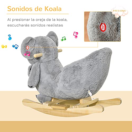 HOMCOM Caballito Balancín Infantil en Forma de Koala con Títere para Bebés 18-36 Meses con Sonido Cinturón de Seguridad y Reposapiés 60x33x50 cm Gris