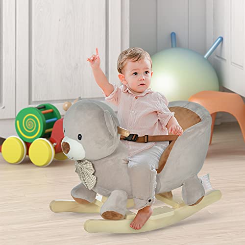 HOMCOM Caballito Balancín para Bebé de +18 Meses Caballo Balancín de Peluche Suave con Forma de Oso con Sonido Manillar y Reposapiés 60x33x50 cm Gris