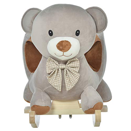 HOMCOM Caballito Balancín para Bebé de +18 Meses Caballo Balancín de Peluche Suave con Forma de Oso con Sonido Manillar y Reposapiés 60x33x50 cm Gris