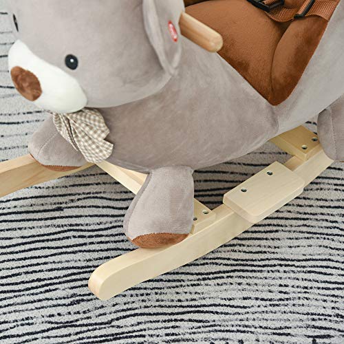 HOMCOM Caballito Balancín para Bebé de +18 Meses Caballo Balancín de Peluche Suave con Forma de Oso con Sonido Manillar y Reposapiés 60x33x50 cm Gris