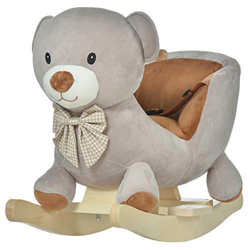 HOMCOM Caballito Balancín para Bebé de +18 Meses Caballo Balancín de Peluche Suave con Forma de Oso con Sonido Manillar y Reposapiés 60x33x50 cm Gris