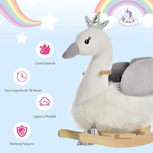 HOMCOM Caballito Balancín para Bebé de +18 Meses Suave con Forma de Cisne Sonidos Reposapiés y Cinturón 60x33x59 cm Blanco y Gris