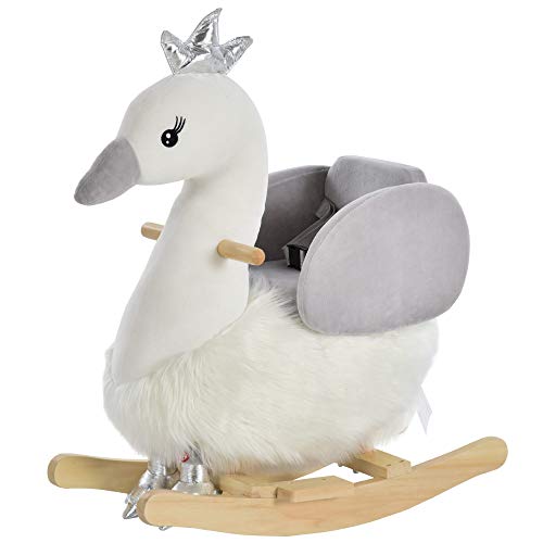 HOMCOM Caballito Balancín para Bebé de +18 Meses Suave con Forma de Cisne Sonidos Reposapiés y Cinturón 60x33x59 cm Blanco y Gris