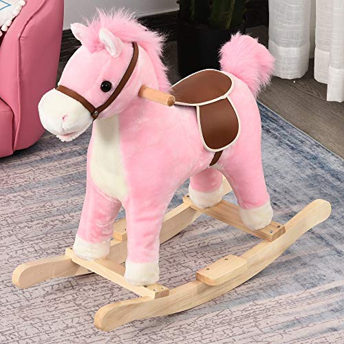 HOMCOM Caballo Balancín para Bebé Mayores de 36 Meses Juguete Balancín de Felpa Suave con Música Relinchos Sonidos de Galope Boca y Cola Móviles 65x32,5x61 cm Rosa