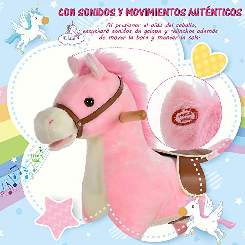 HOMCOM Caballo Balancín para Bebé Mayores de 36 Meses Juguete Balancín de Felpa Suave con Música Relinchos Sonidos de Galope Boca y Cola Móviles 65x32,5x61 cm Rosa