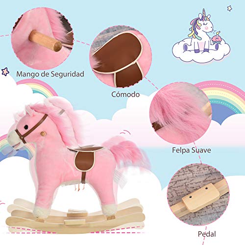 HOMCOM Caballo Balancín para Bebé Mayores de 36 Meses Juguete Balancín de Felpa Suave con Música Relinchos Sonidos de Galope Boca y Cola Móviles 65x32,5x61 cm Rosa