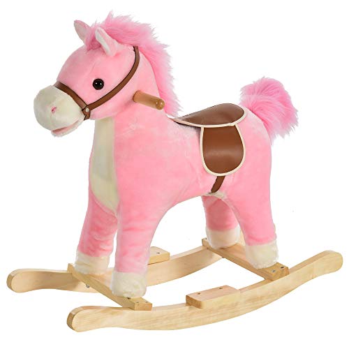 HOMCOM Caballo Balancín para Bebé Mayores de 36 Meses Juguete Balancín de Felpa Suave con Música Relinchos Sonidos de Galope Boca y Cola Móviles 65x32,5x61 cm Rosa