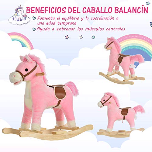 HOMCOM Caballo Balancín para Bebé Mayores de 36 Meses Juguete Balancín de Felpa Suave con Música Relinchos Sonidos de Galope Boca y Cola Móviles 65x32,5x61 cm Rosa