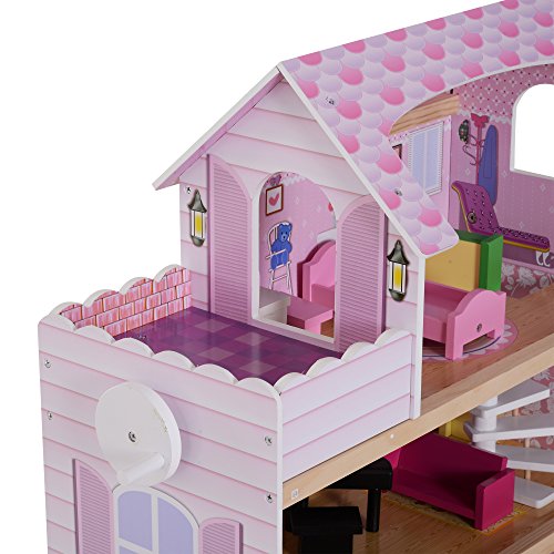 HOMCOM Casa de Muñecas con 13pcs Muebles Mobiliario Casita Muñeca Juguete Madera 3 Pisos Casa de Juguete Bella de Madera 60x30x71.5cm