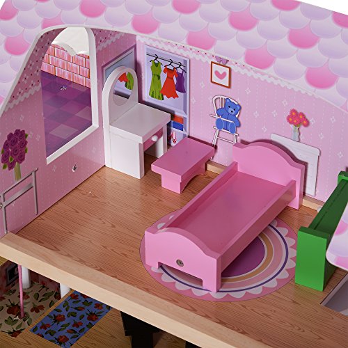 HOMCOM Casa de Muñecas con 13pcs Muebles Mobiliario Casita Muñeca Juguete Madera 3 Pisos Casa de Juguete Bella de Madera 60x30x71.5cm