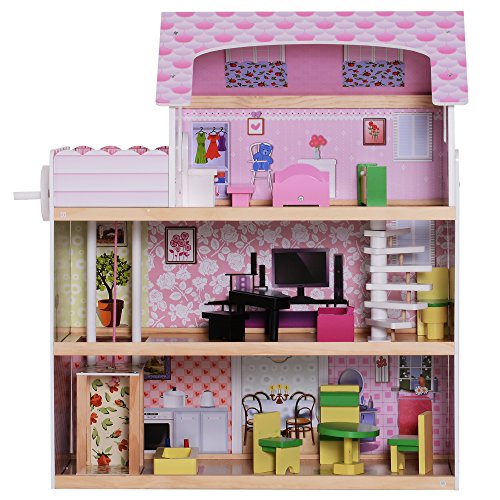 HOMCOM Casa de Muñecas con 13pcs Muebles Mobiliario Casita Muñeca Juguete Madera 3 Pisos Casa de Juguete Bella de Madera 60x30x71.5cm