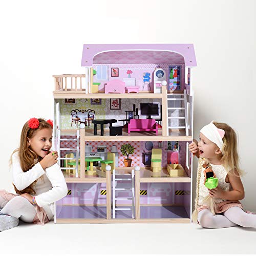 HOMCOM Casa de Muñecas con Muebles Mobiliario Casita Muñeca Jueguetes Madera con 13 Accesorios incluidos y 4 Niveles Color Rosa