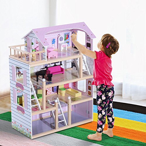 HOMCOM Casa de Muñecas con Muebles Mobiliario Casita Muñeca Jueguetes Madera con 13 Accesorios incluidos y 4 Niveles Color Rosa