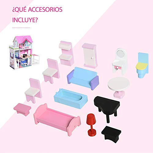 HOMCOM Casa de Muñecas de 3 Pisos con Patio Muebles Accesorios Completos Diseño Lindo Casita Muñecas de Juguete Madera 86x30x87 cm Rosa