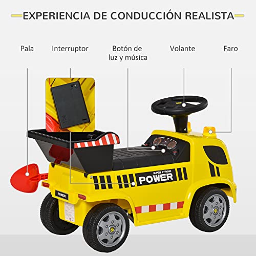 HOMCOM Coche Correpasillos para Bebés de +18 Meses Tipo Camión con Música Faros Caja Abatible y Pala Vehículo sin Pedales de Juguete 72x28,2x42 cm Amarillo