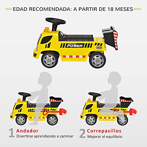 HOMCOM Coche Correpasillos para Bebés de +18 Meses Tipo Camión con Música Faros Caja Abatible y Pala Vehículo sin Pedales de Juguete 72x28,2x42 cm Amarillo