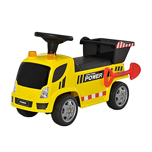 HOMCOM Coche Correpasillos para Bebés de +18 Meses Tipo Camión con Música Faros Caja Abatible y Pala Vehículo sin Pedales de Juguete 72x28,2x42 cm Amarillo