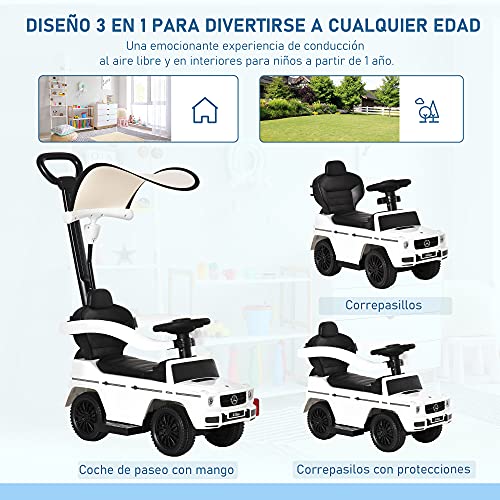 HOMCOM Coche Correpasillos para Niños +12 Meses Mercedes G350 Empujador Andador con Bocina Capota Extraíble Respaldo y Barandilla 85,5x40,5x95 cm Blanco