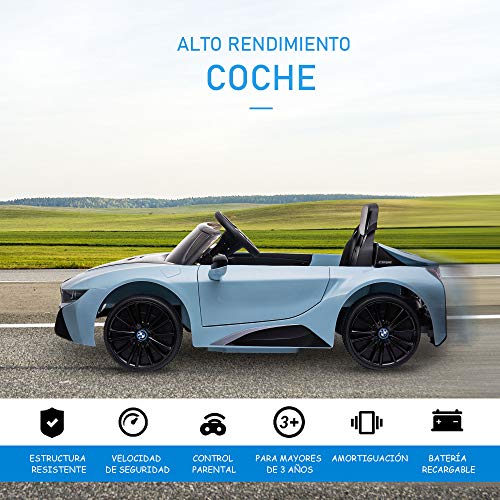 HOMCOM Coche Eléctrico BMW I8 Coupe con Licencia para Niños de +3 Años Batería 6V Control Remoto y Manual con Música MP3 Bocina y Faros 115x72,5x46 cm Azul