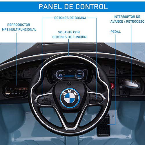 HOMCOM Coche Eléctrico BMW I8 Coupe con Licencia para Niños de +3 Años Batería 6V Control Remoto y Manual con Música MP3 Bocina y Faros 115x72,5x46 cm Azul