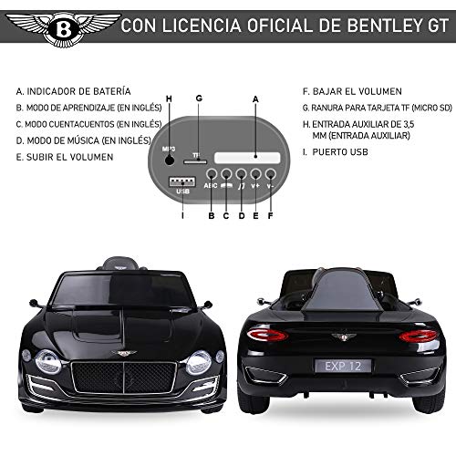 HOMCOM Coche Eléctrico para Niños 2 Modos de Control con Música Faros Brillantes Retroceder Bentley GT Licencia +3 Años Automóvil Infantil 108x60x43 cm Negro