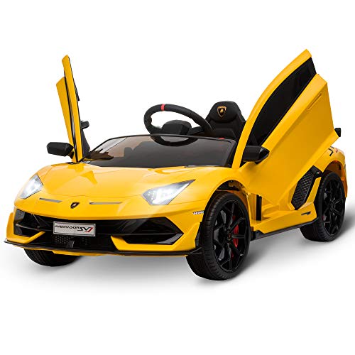 HOMCOM Coche Eléctrico para Niños de +3 Años Lamborghini SVJ Batería 12V con Mando a Distancia Velocidad de 3-5 km/h Música y Faros Carga 25 kg 123x66,5x45,5 cm Amarillo