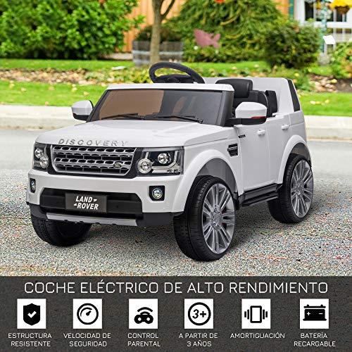 HOMCOM Coche Eléctrico para Niños de +3 Años Landrover con Licencia Control Remoto Batería 12V y 2 Motores Velocidad de 3-5 km/h 102,5x69x55,4 cm Blanco