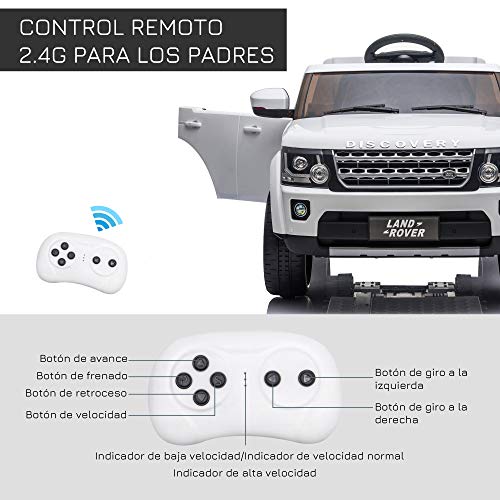 HOMCOM Coche Eléctrico para Niños de +3 Años Landrover con Licencia Control Remoto Batería 12V y 2 Motores Velocidad de 3-5 km/h 102,5x69x55,4 cm Blanco