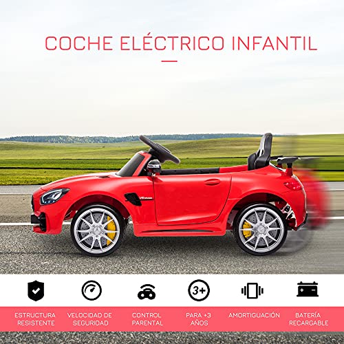 HOMCOM Coche Eléctrico para Niños Mercedes GTR con Licencia +3 Años Batería 12V con Mando a Distancia Música Faros Puerta de Doble Apertura Carga 25kg 105x58x45 cm Rojo