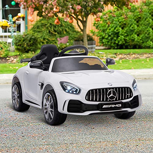 HOMCOM Coche Eléctrico para Niños Mercedes GTR con Licencia +3 Años Batería 12V con Mando a Distancia Música Faros Puerta de Doble Apertura Carga 25kg 105x58x45 cm Blanco