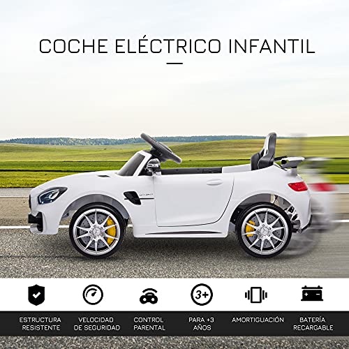 HOMCOM Coche Eléctrico para Niños Mercedes GTR con Licencia +3 Años Batería 12V con Mando a Distancia Música Faros Puerta de Doble Apertura Carga 25kg 105x58x45 cm Blanco