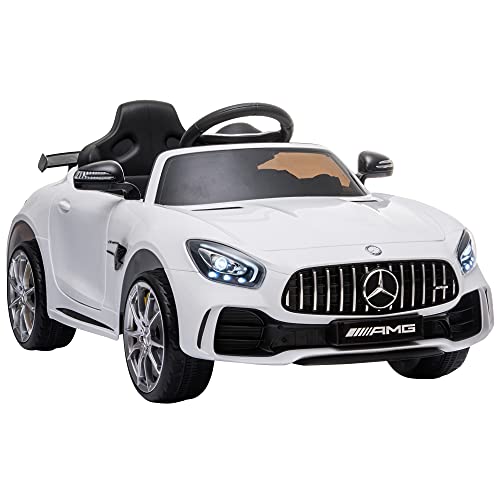 HOMCOM Coche Eléctrico para Niños Mercedes GTR con Licencia +3 Años Batería 12V con Mando a Distancia Música Faros Puerta de Doble Apertura Carga 25kg 105x58x45 cm Blanco