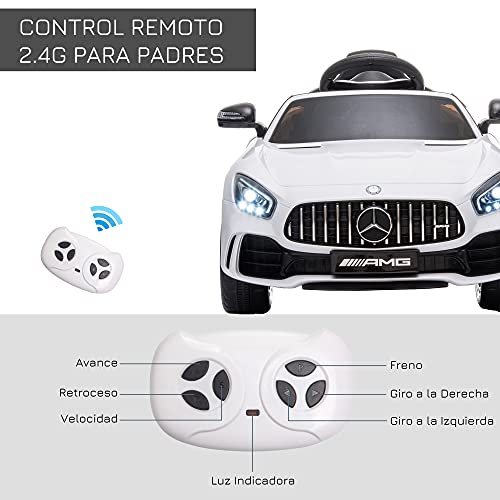 HOMCOM Coche Eléctrico para Niños Mercedes GTR con Licencia +3 Años Batería 12V con Mando a Distancia Música Faros Puerta de Doble Apertura Carga 25kg 105x58x45 cm Blanco