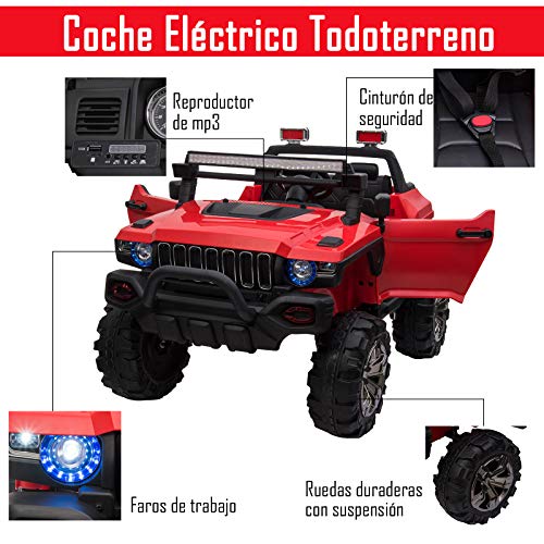 HOMCOM Coche Eléctrico para Niños Vehículo Todoterreno Infantil con Música Luces Batería 12V Control Remoto Carga 50kg para Niños 3 Años+ 135x86x85cm