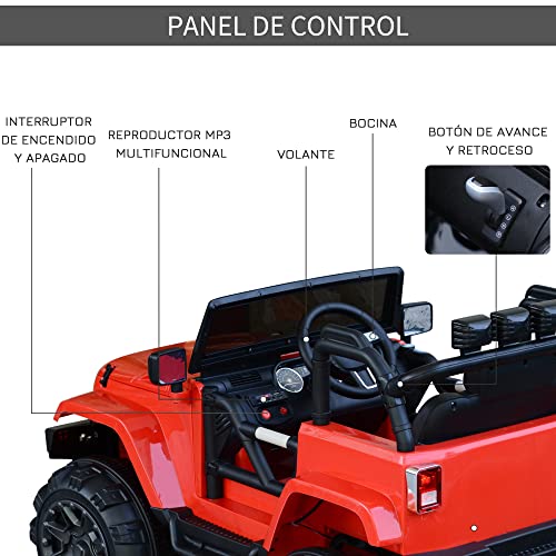 HOMCOM Coche Eléctrico Todoterreno con Mando a Distancia MP3 Luces y Sonidos Apertura de Puerta Batería 12V Control Remoto Carga 30kg para Niños +3 Años 128x78x76cm