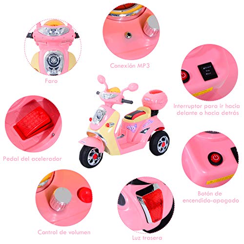 HOMCOM Coche Triciclo Moto Eléctrica Infantil Correpasillos a Batería Niños +3 años 6V Metal + PP 108x51x75cm Rosa