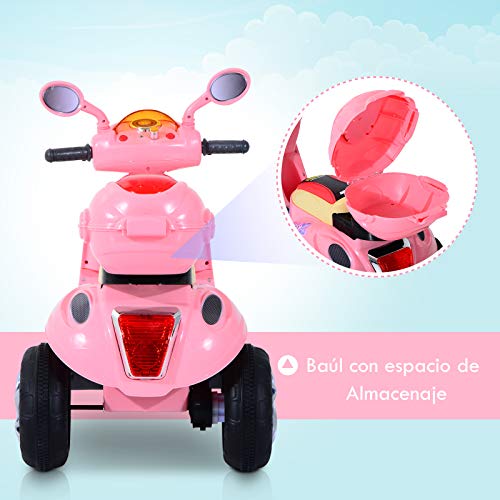 HOMCOM Coche Triciclo Moto Eléctrica Infantil Correpasillos a Batería Niños +3 años 6V Metal + PP 108x51x75cm Rosa