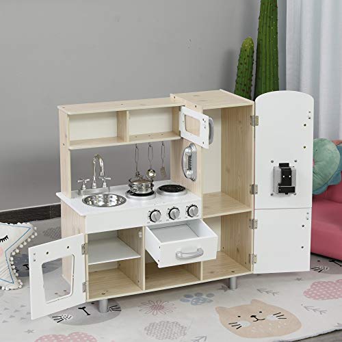 HOMCOM Cocina de Juguete con Fregadero Cocina de Inducción y Microondas Simulados con Accesorios Incluidos Cocina Infantil para +3 Años 74x30x81 cm Blanco