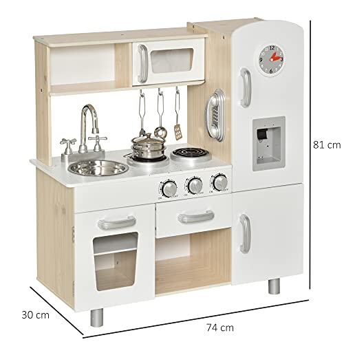 HOMCOM Cocina de Juguete con Fregadero Cocina de Inducción y Microondas Simulados con Accesorios Incluidos Cocina Infantil para +3 Años 74x30x81 cm Blanco