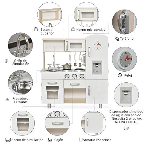 HOMCOM Cocina de Juguete con Fregadero Cocina de Inducción y Microondas Simulados con Accesorios Incluidos Cocina Infantil para +3 Años 74x30x81 cm Blanco