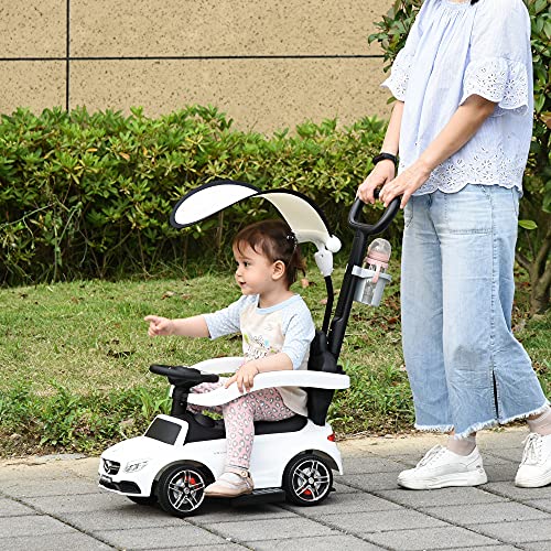 HOMCOM Correpasillo para Niños Mayores de 1 Año Cochecito Automóvil Diseño 3 en 1 Empujador Andador Función de Bocina con Capota Reposapiés Portavasos 84x40x83 cm Blanco