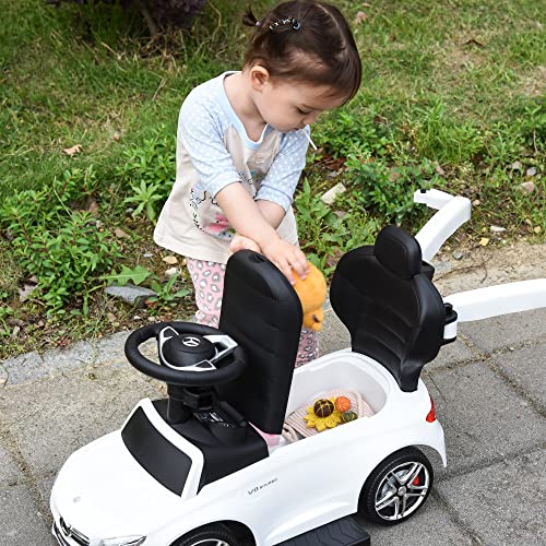 HOMCOM Correpasillo para Niños Mayores de 1 Año Cochecito Automóvil Diseño 3 en 1 Empujador Andador Función de Bocina con Capota Reposapiés Portavasos 84x40x83 cm Blanco