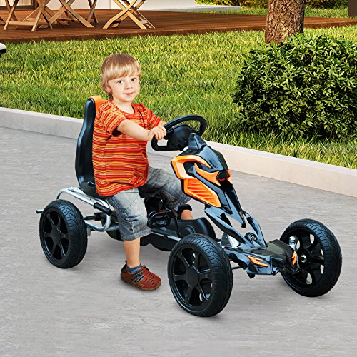 HOMCOM Go Kart Racing Deportivo Coche de Pedales para Niños +5 Años con Asiento Ajustable Embrague y Freno Ruedas de Goma 122x60x70cm Negro y Naranja