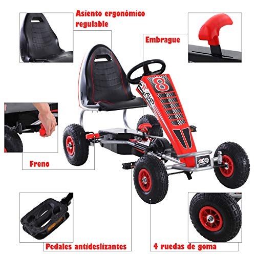 HOMCOM Kart Pedales Niños Coche de Pedales Deportivo con Asiento Ajustable Embrague y Freno para Niños de +3 Años Carga 50kg Juguete Exterior 129x59x70 cm