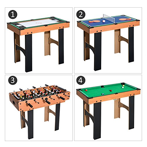 HOMCOM Mesa Multijuegos 4 en 1 Incluye Futbolín Air Hockey Ping-Pong y Billar Juguete de Madera para Niños y Adultos 87x43x73cm