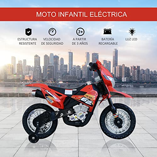 HOMCOM Moto de Batería Infantil Motocicleta Eléctrica para Niños de +3 Años con Luces Música y Ruedas de Apoyo 109x52,2x70,5 cm Rojo