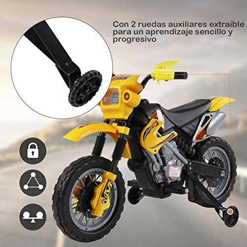 HOMCOM Moto Electrica Infantil Bateria 6V Recargable Niños 3-6 Años Cargador y Ruedas Apoyo Color Amarillo