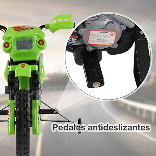 HOMCOM Moto Electrica Infantil Bateria 6V Recargable Niños 3 Años Cargador y Ruedas Apoyo Color Verde