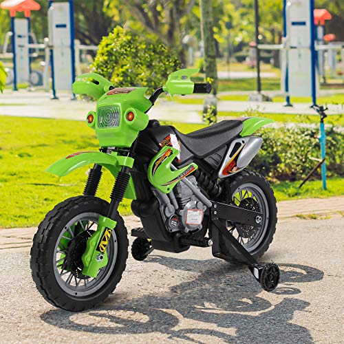 HOMCOM Moto Electrica Infantil Bateria 6V Recargable Niños 3 Años Cargador y Ruedas Apoyo Color Verde