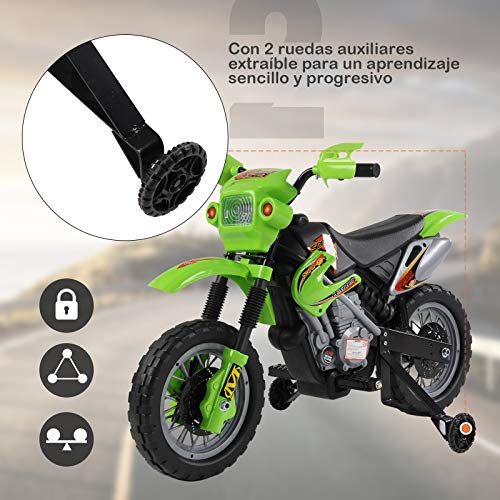 HOMCOM Moto Electrica Infantil Bateria 6V Recargable Niños 3 Años Cargador y Ruedas Apoyo Color Verde